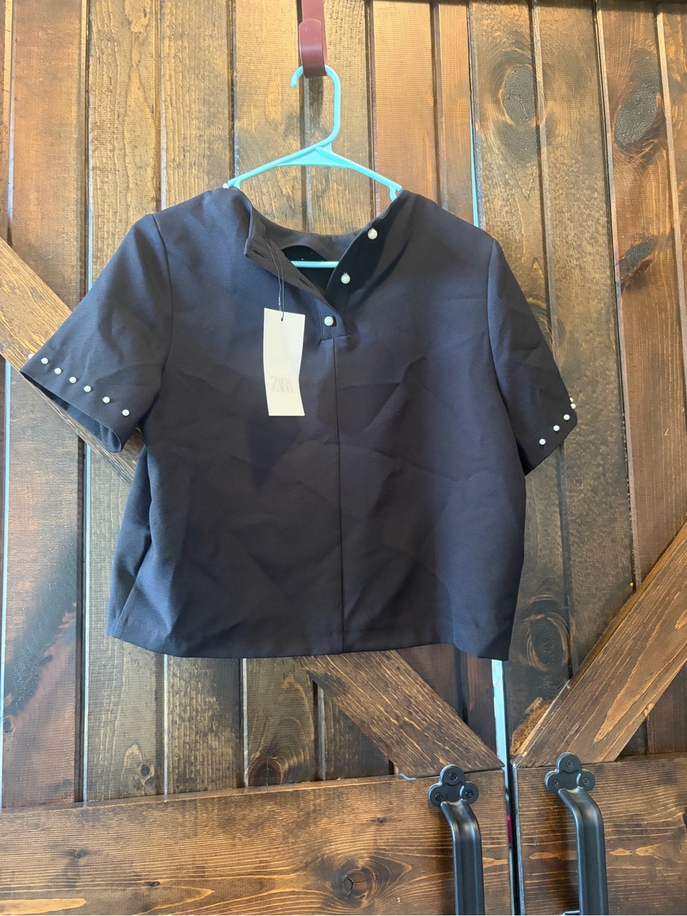 Zara Black Short-Sleeve Pearl-Accent Top